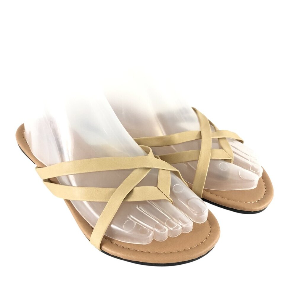 Girls Club Womens Sandals Strappy Thong Slides Flip Flops Beige Faux Leather 6